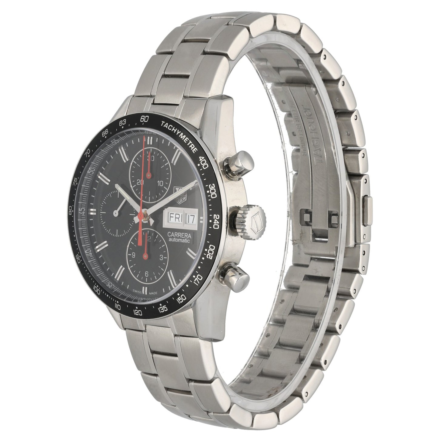 Tag Heuer Carrera CV201AH , black dial with sub dials, with a tachymetre bezel, front angled image