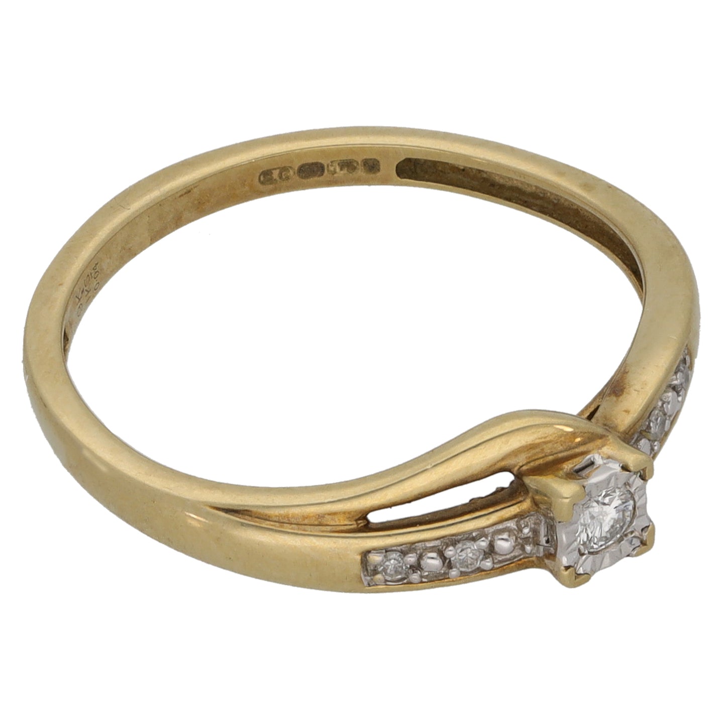 9ct Gold 0.04ct Diamond Solitaire Ring With Accent Stones Size L