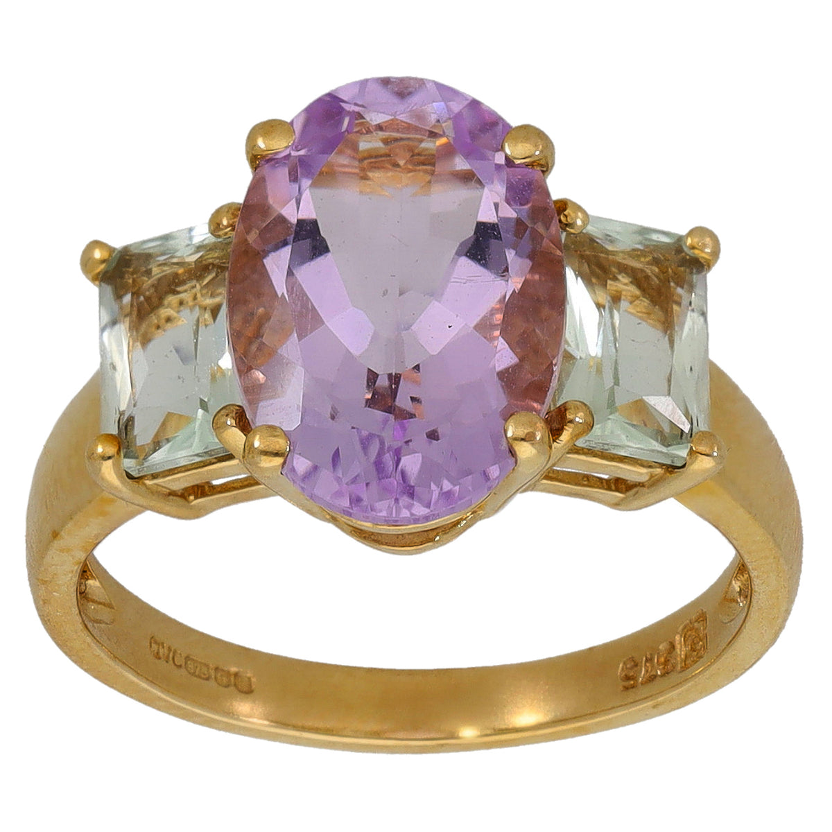 9ct gold ring with oval amethyst center and two square-cut pale stones, size K