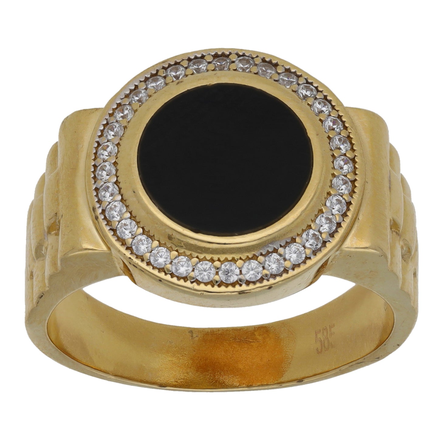 14ct Gold Onyx & Cubic Zirconia Patterned Signet Ring Size T