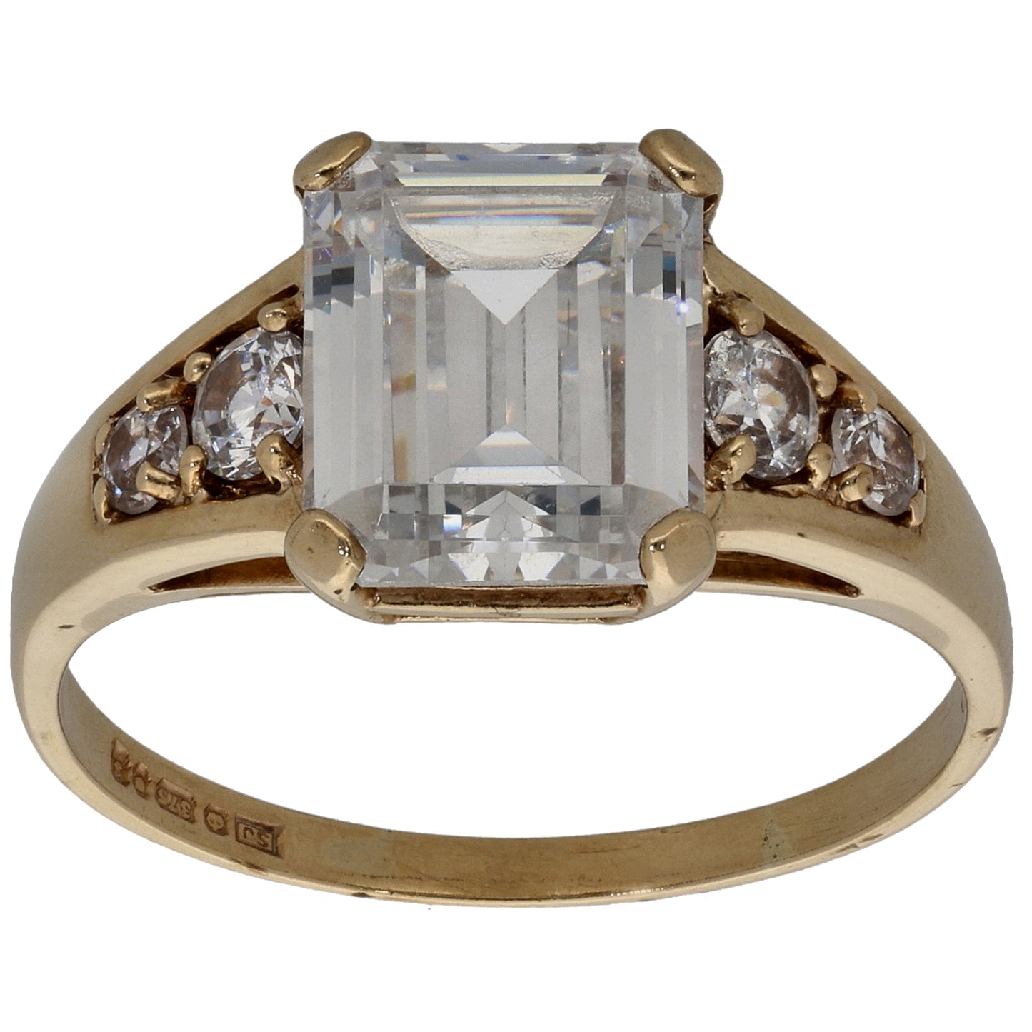 9ct Gold Cubic Zirconia Single Stone Ring with Accent Stones Size Q