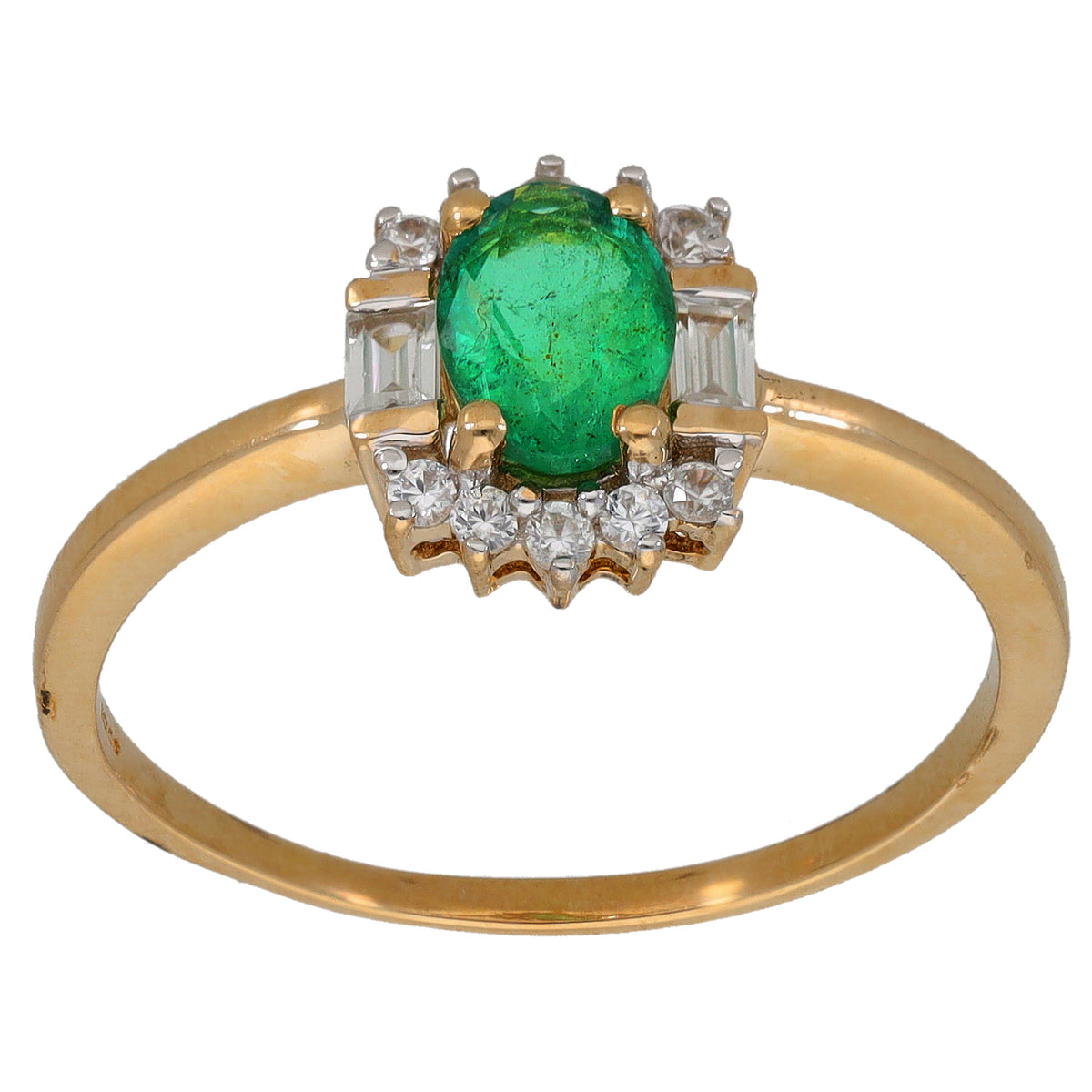 Gold cocktail ring with oval green center stone and clear side stones, square settings