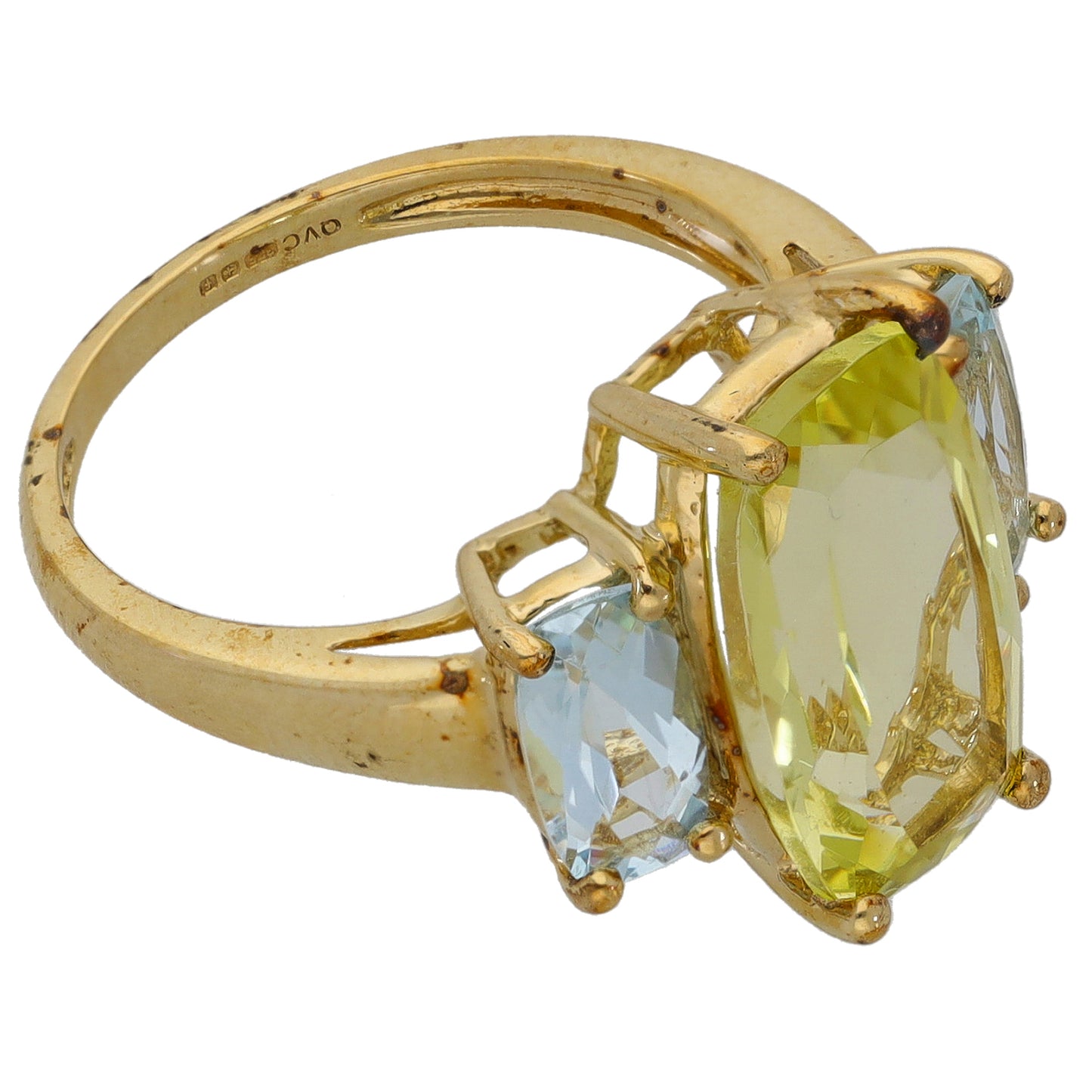 9ct Gold Aquamarine & Citrine Three Stone Ring Size M