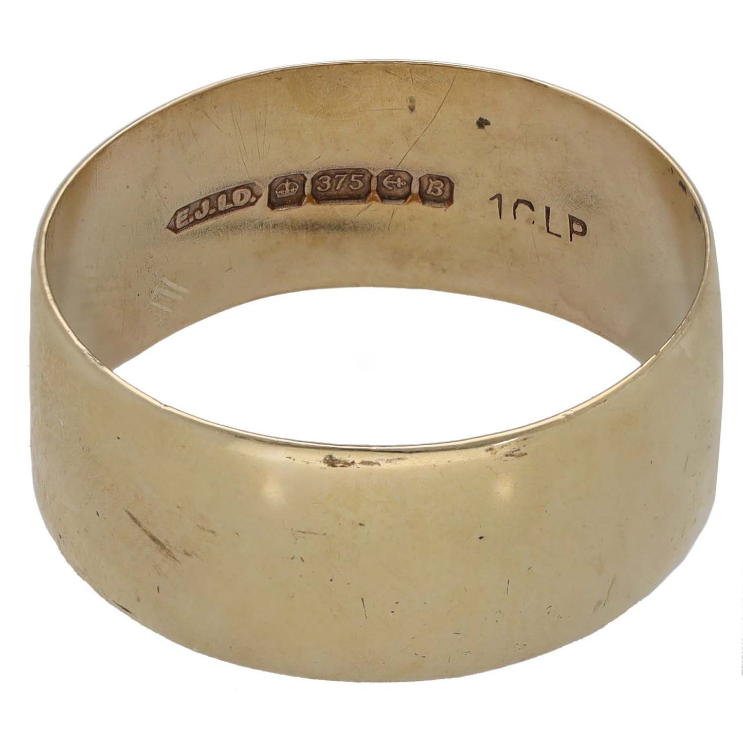 9ct gold plain wedding ring interior, stamped 375 and maker marks