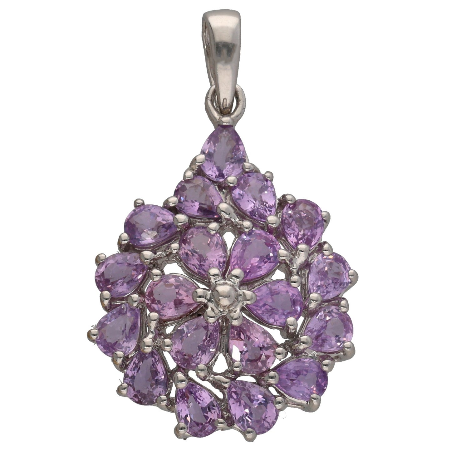 Lavender sapphire oval cluster pendant in 9ct white gold, hanging bail top