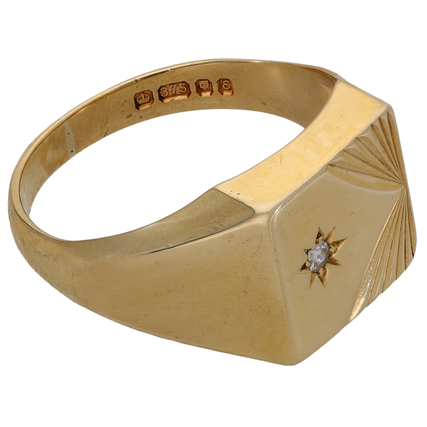 9ct Gold 0.02ct Diamond Patterned SIngle Stone Signet Ring Size U