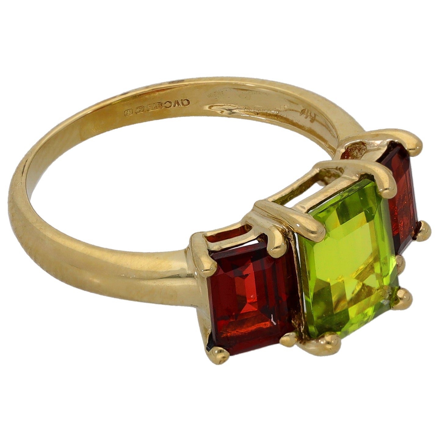 9ct Gold Peridot & Garnet Trilogy Ring Size L