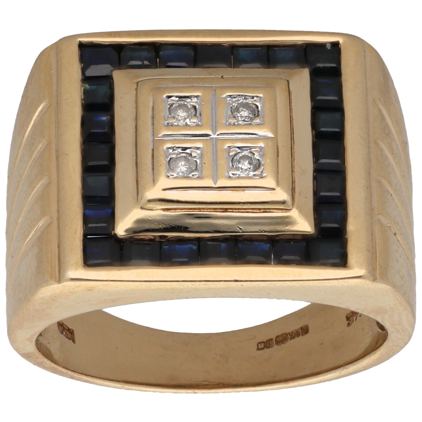 9ct Gold Sapphire & 0.04ct Diamond Patterned Signet Ring Size U