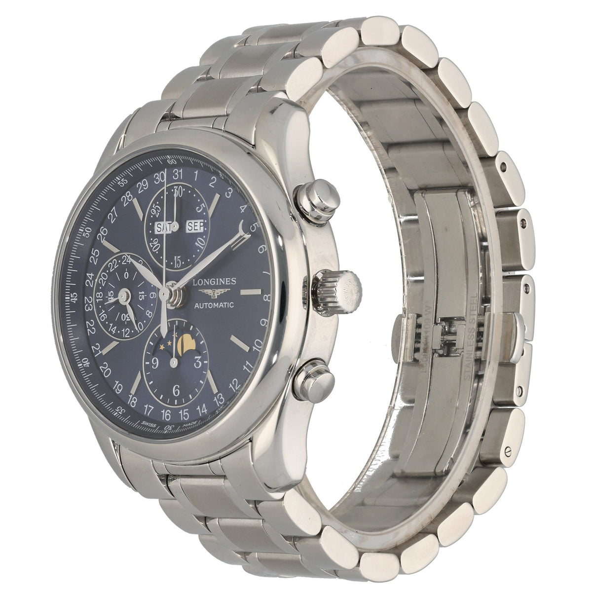 Longines Master Collection L2.673.4, blue dial with subdials and moonphase on stainless steel case and bracelet, front angle