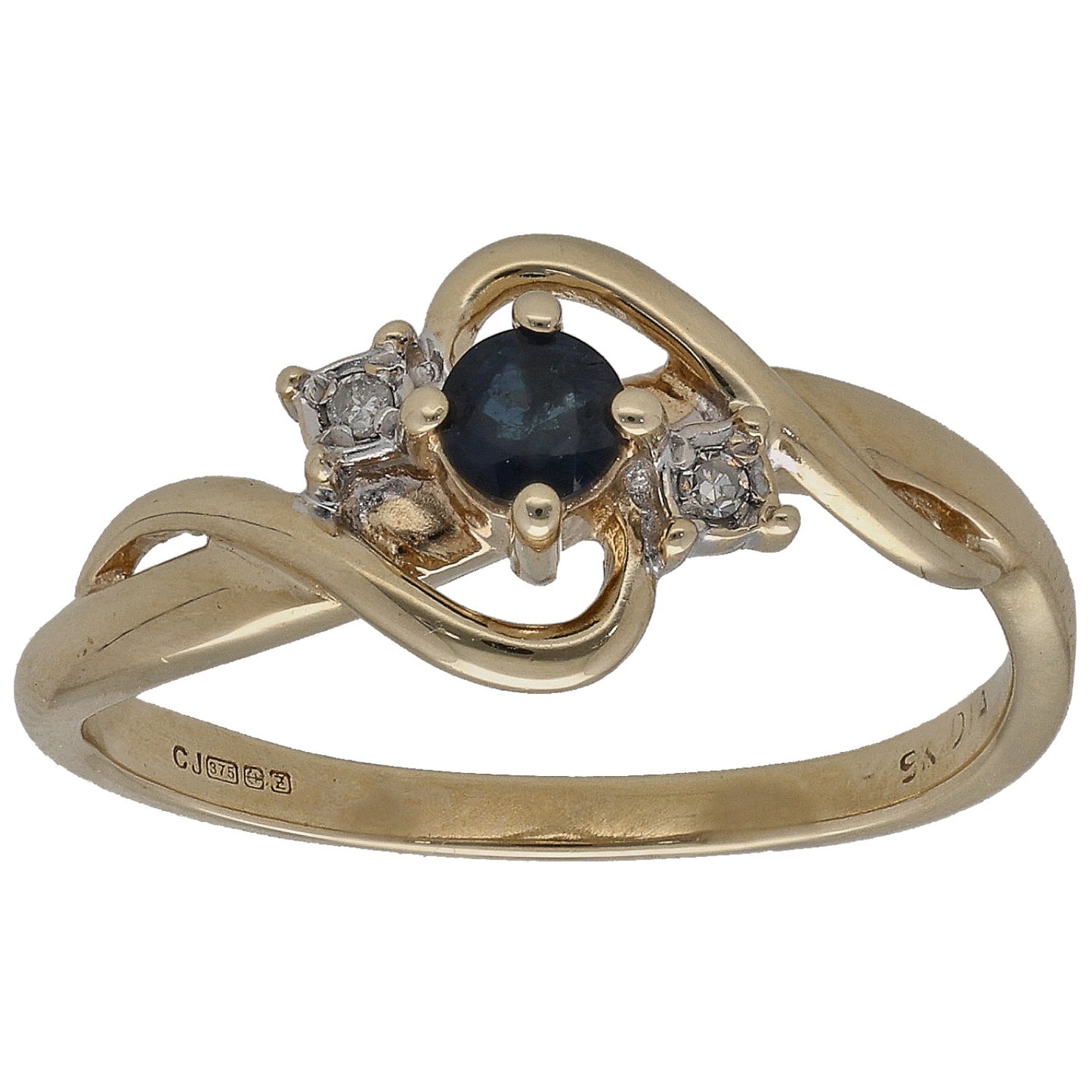 Gold three-stone ring with dark blue sapphire center and round diamond side stones