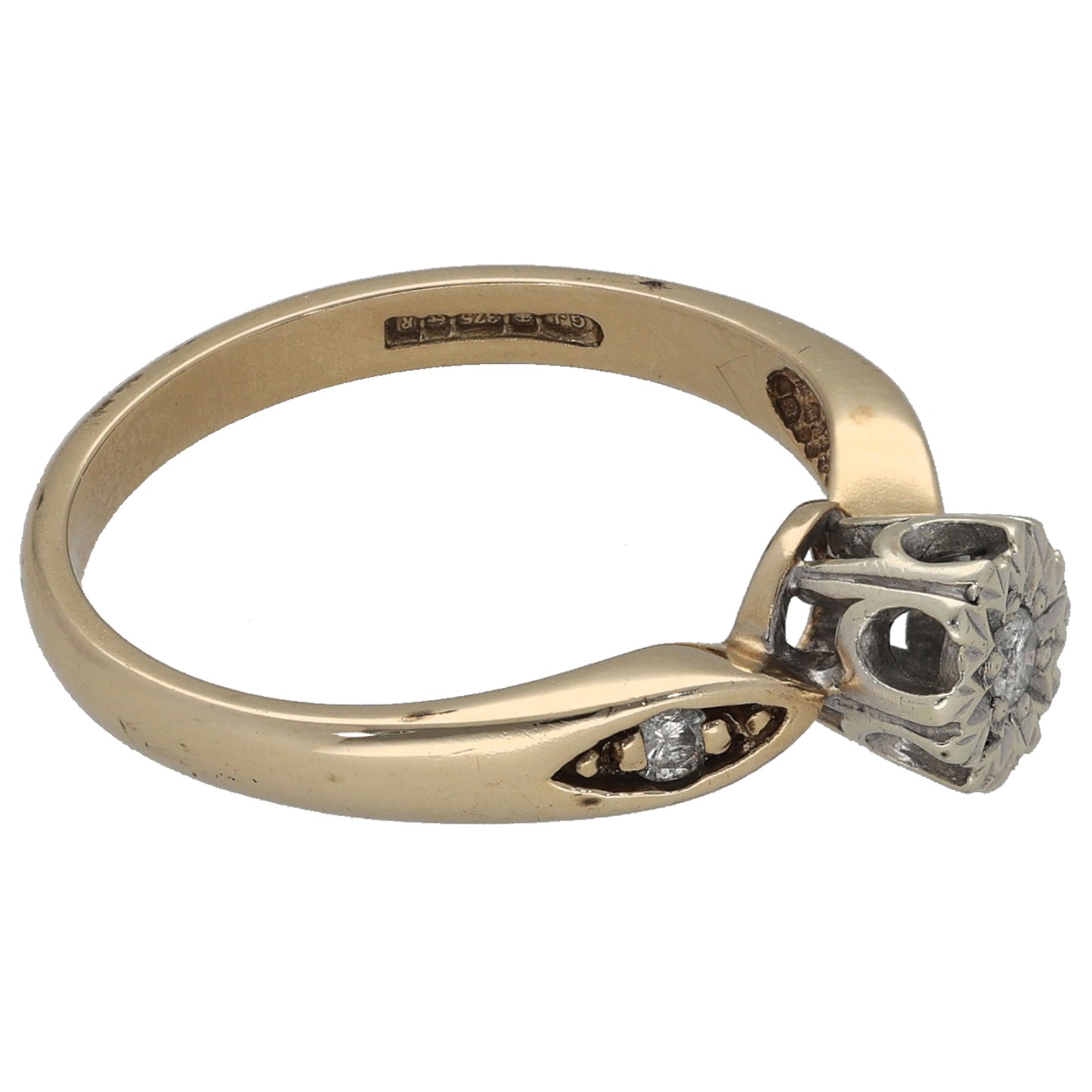 9ct Gold 0.10ct Diamond Solitaire Ring With Accent Stones Size M