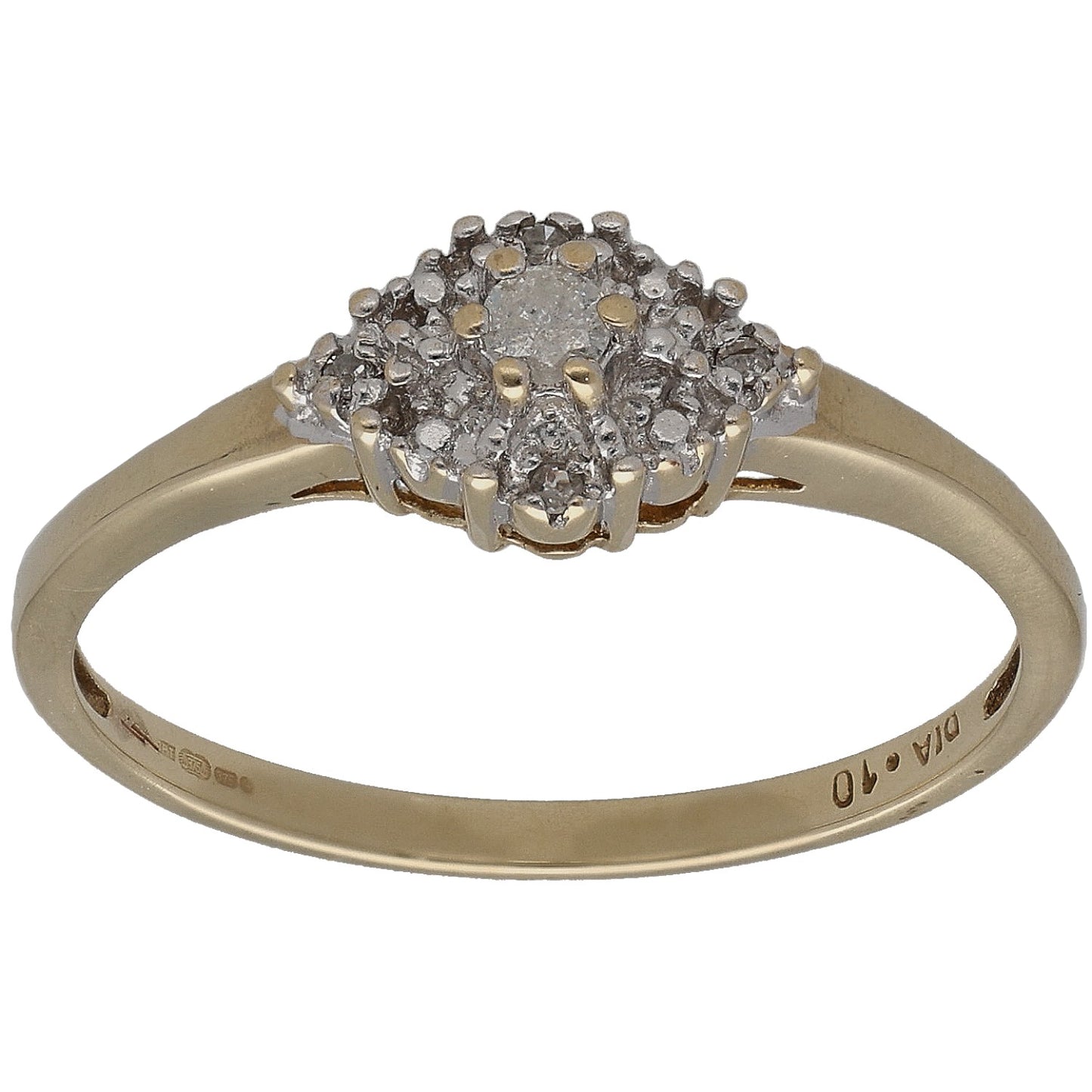 9ct gold round diamond cluster ring with raised bezel setting and slim shank