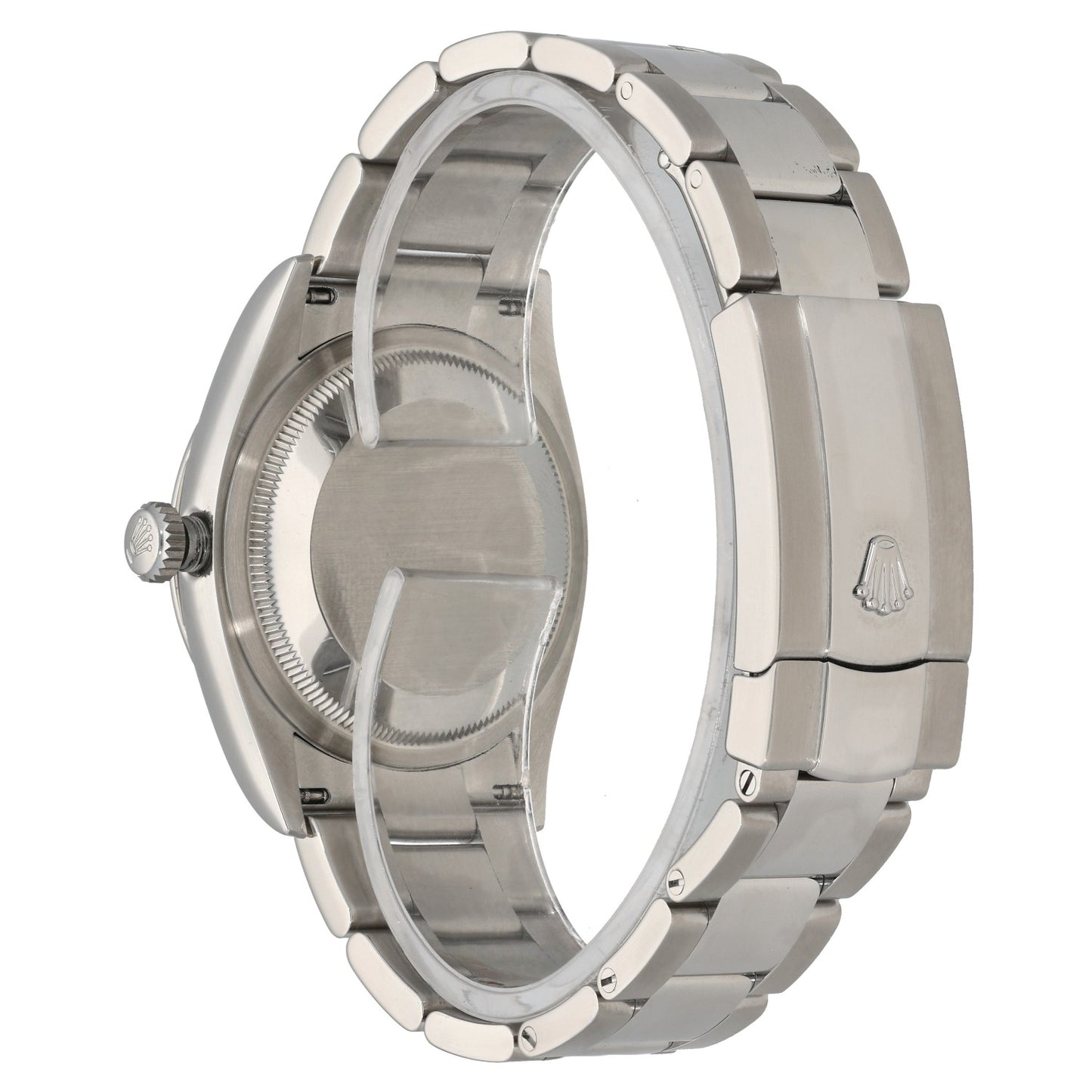 Rolex Datejust 126200, with white dial, silver Roman numeral dials, with stainless steel case and Oyster bracelet, rear image