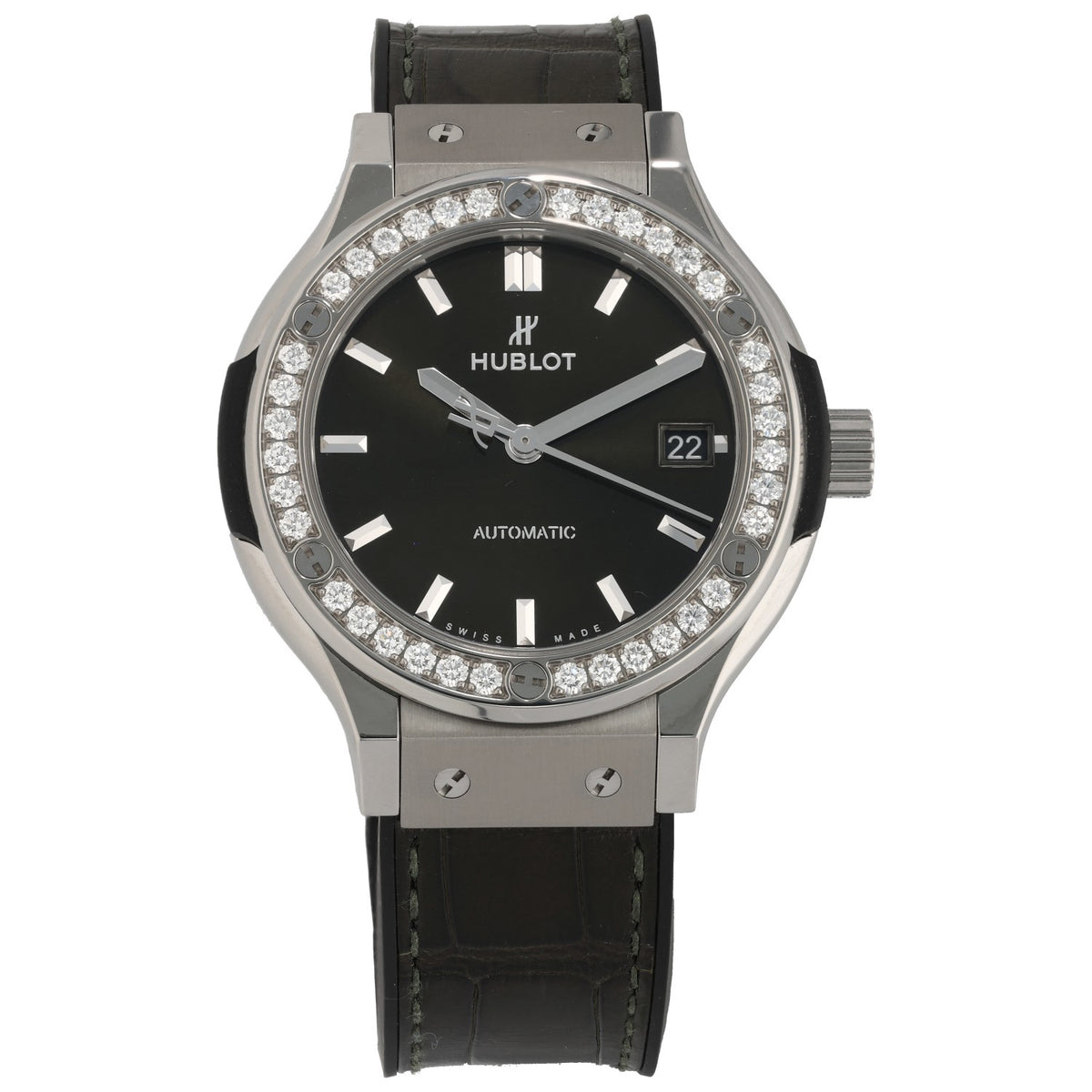Hublot Classic Fusion 565.NX.8970.RX, green dial and leather bracelet, with round cut diamond bezel, face image