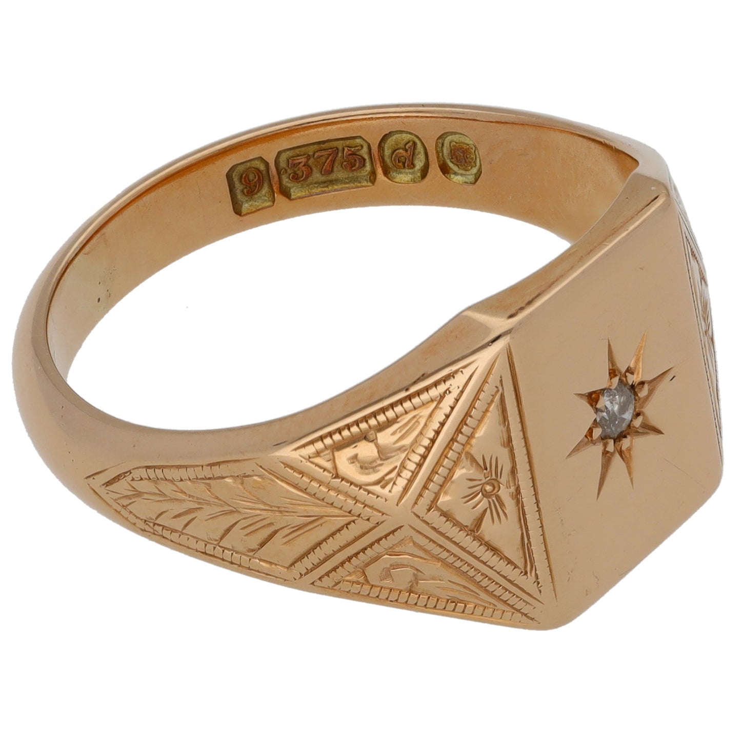 9ct Gold 0.03ct Diamond Single Stone Patterned Signet Ring Size T