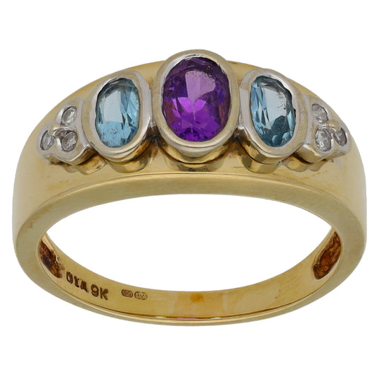 9ct Gold Amethyst, Topaz & 0.06ct Diamond Dress/Cocktail Ring Size O