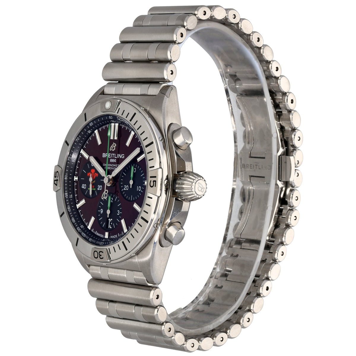 Breitling Chronomat Six Nations AB0134 stainless steel watch side view with blue subdials and crown guards