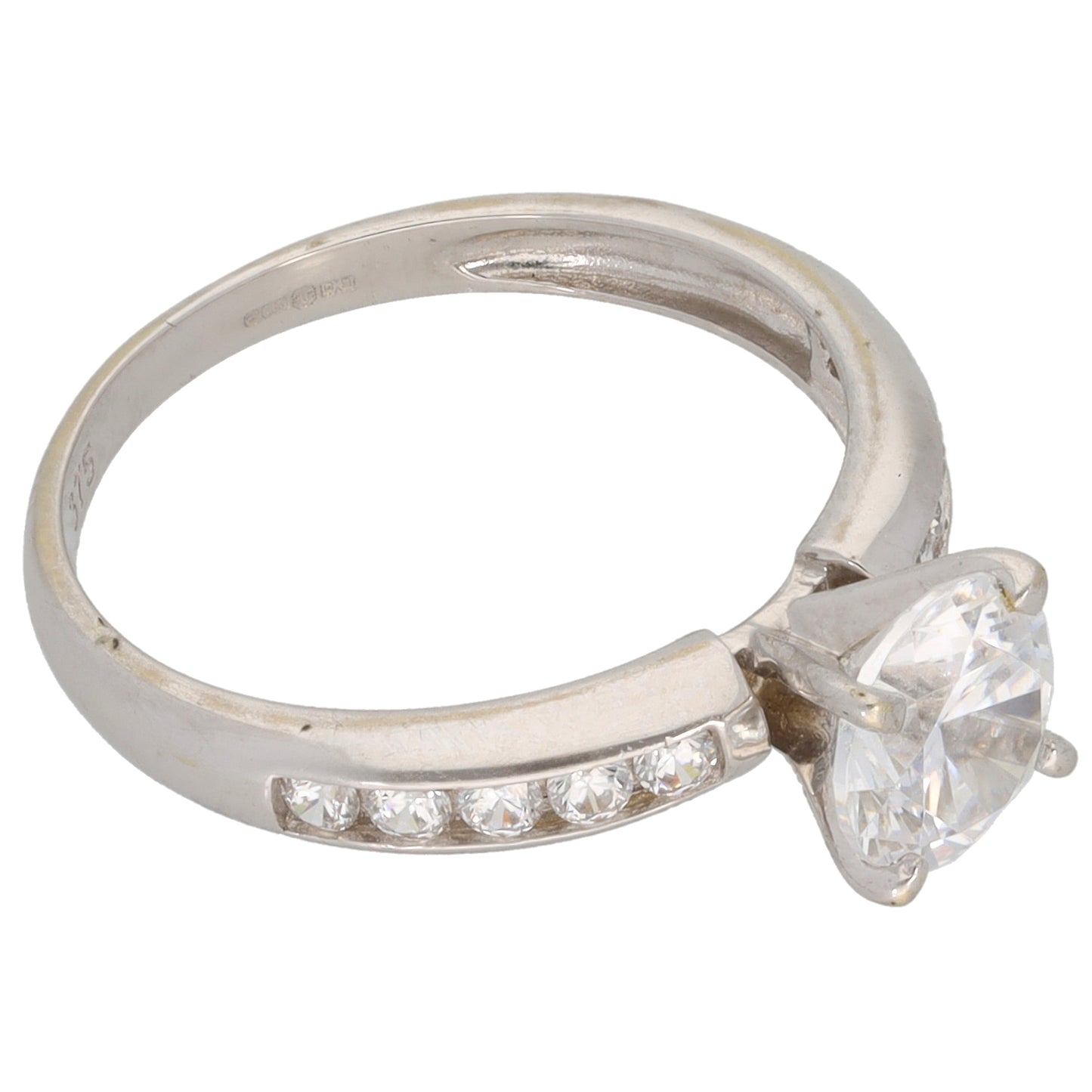 9ct White Gold Cubic Zirconia Single Stone Ring with Accent Stones Size L