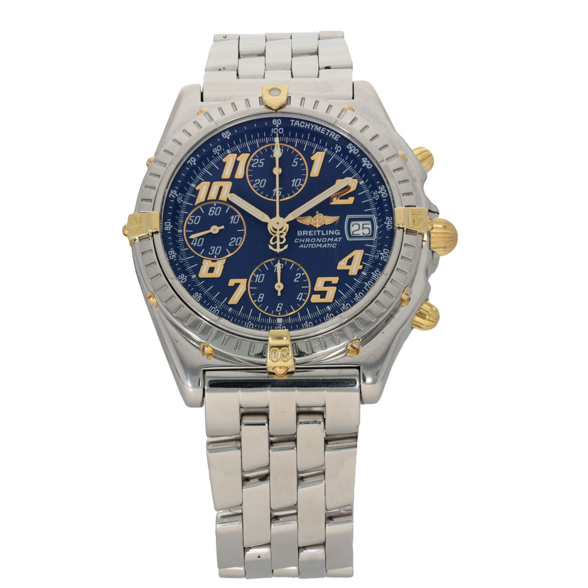 Breitling Chronomat B13050.1 Bi-colour chronograph wristwatch with blue dial and metal link bracelet, gold accents.