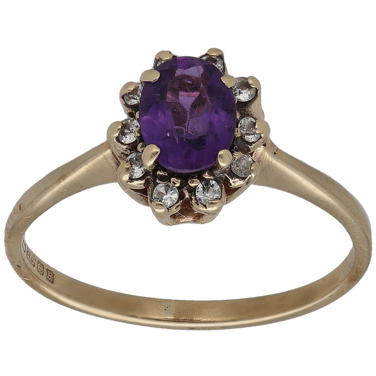 9ct gold ring with oval amethyst center and round diamond accents, open gallery setting