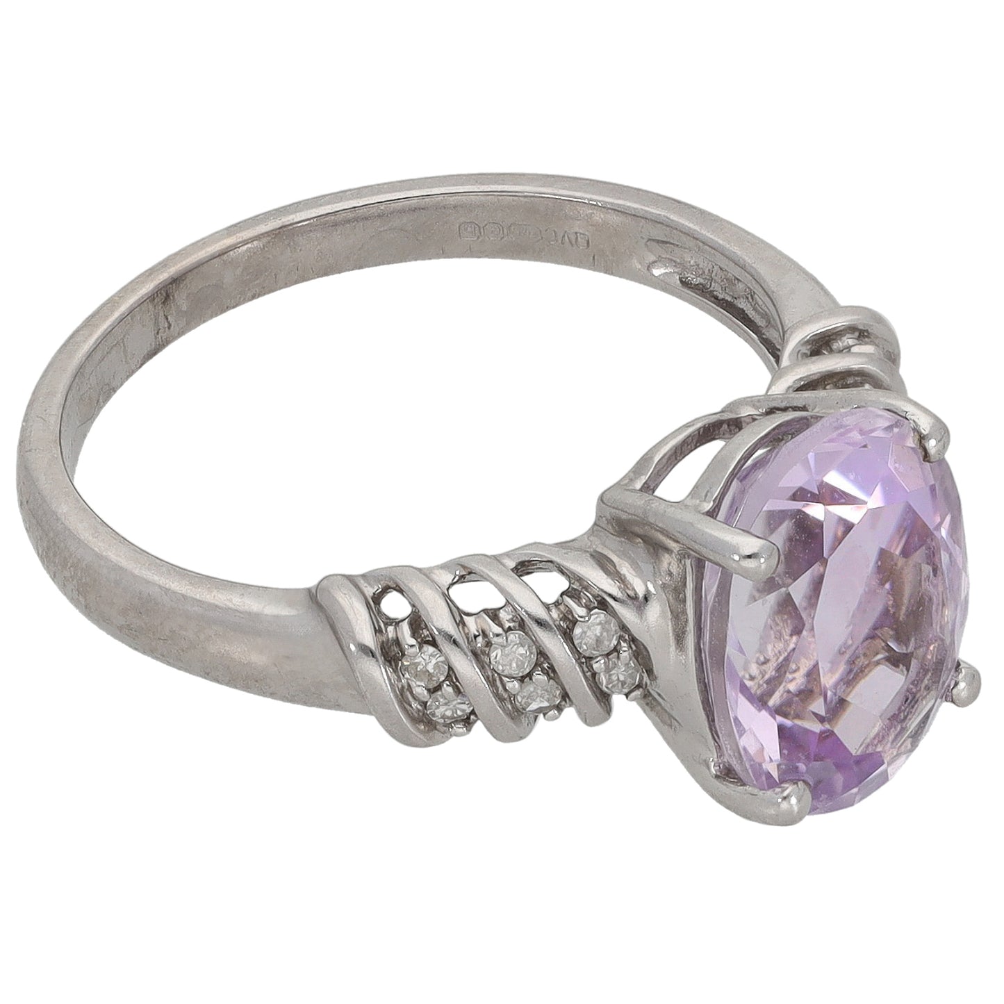 9ct White Gold Amethyst & 0.12ct Diamond Single Stone Ring with Accent Stones Size L