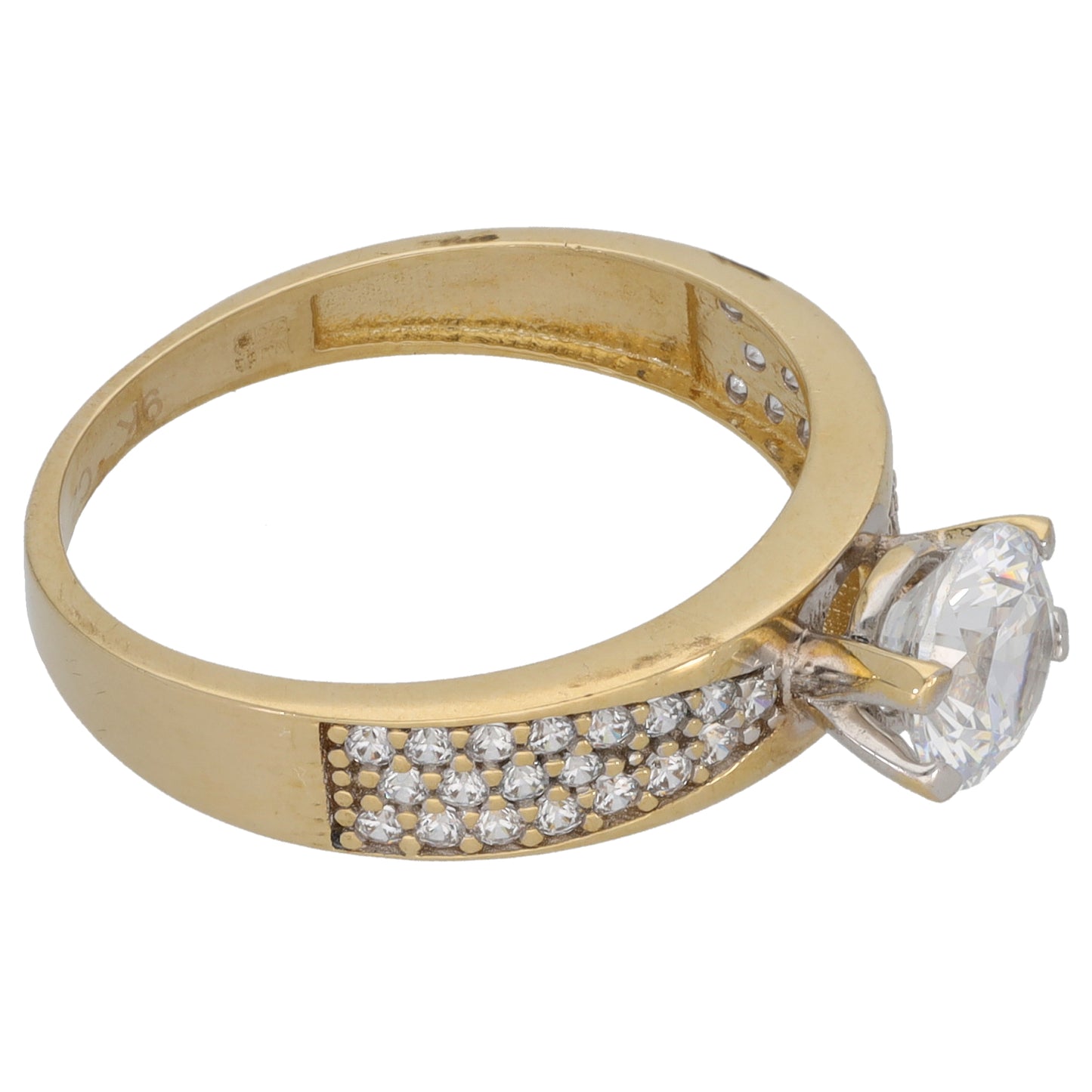 9ct Gold Cubic Zirconia Single Stone Ring with Accent Stones Size P