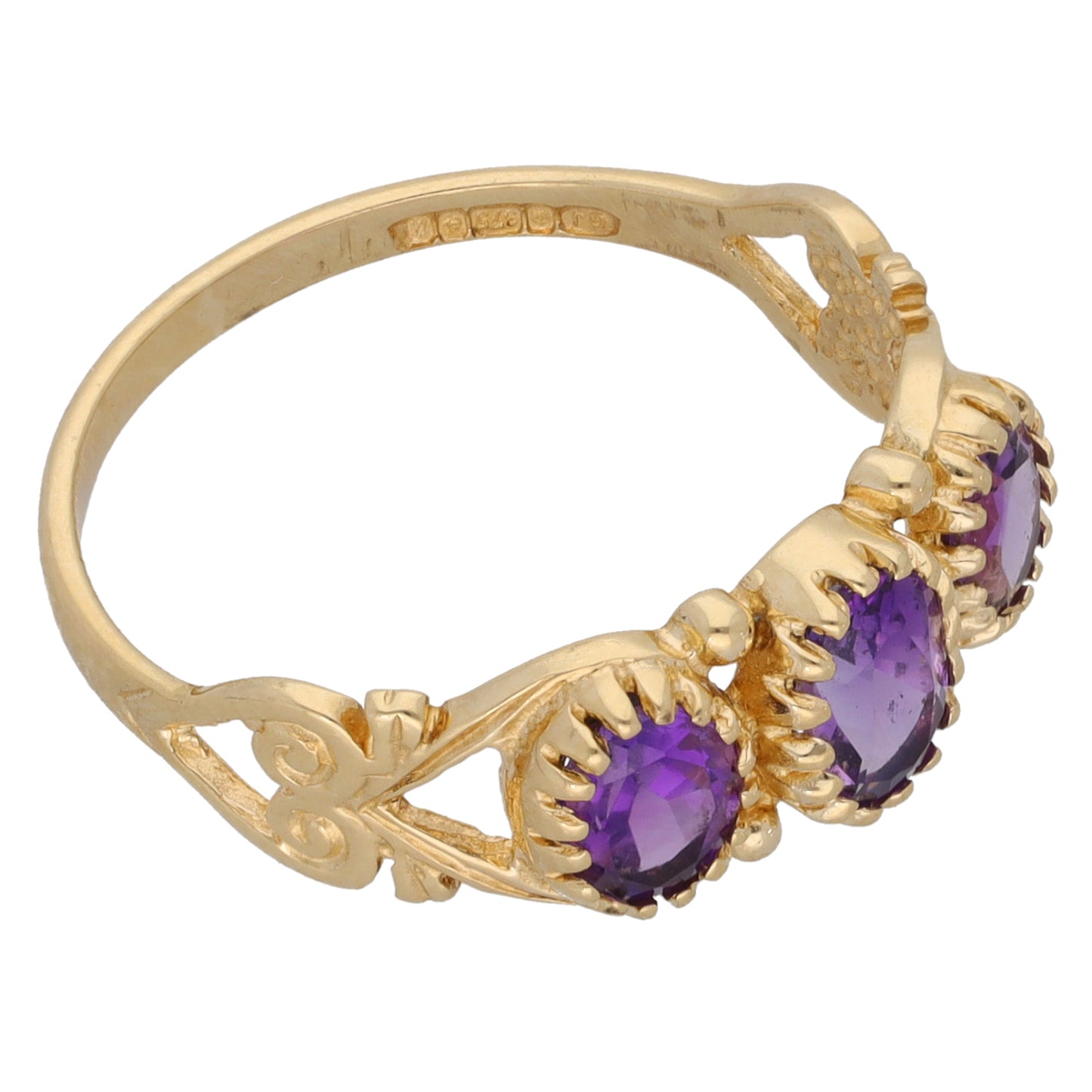 9ct Gold Amethyst Three Stone Ring Size M