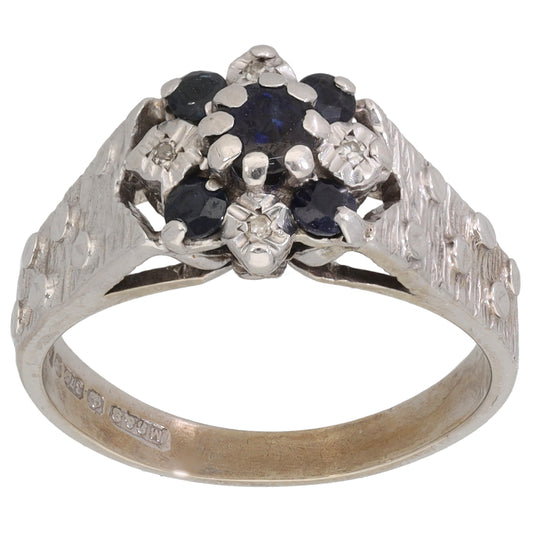 9ct White Gold Sapphire & 0.02ct Diamond Dress/Cocktail Ring Size M
