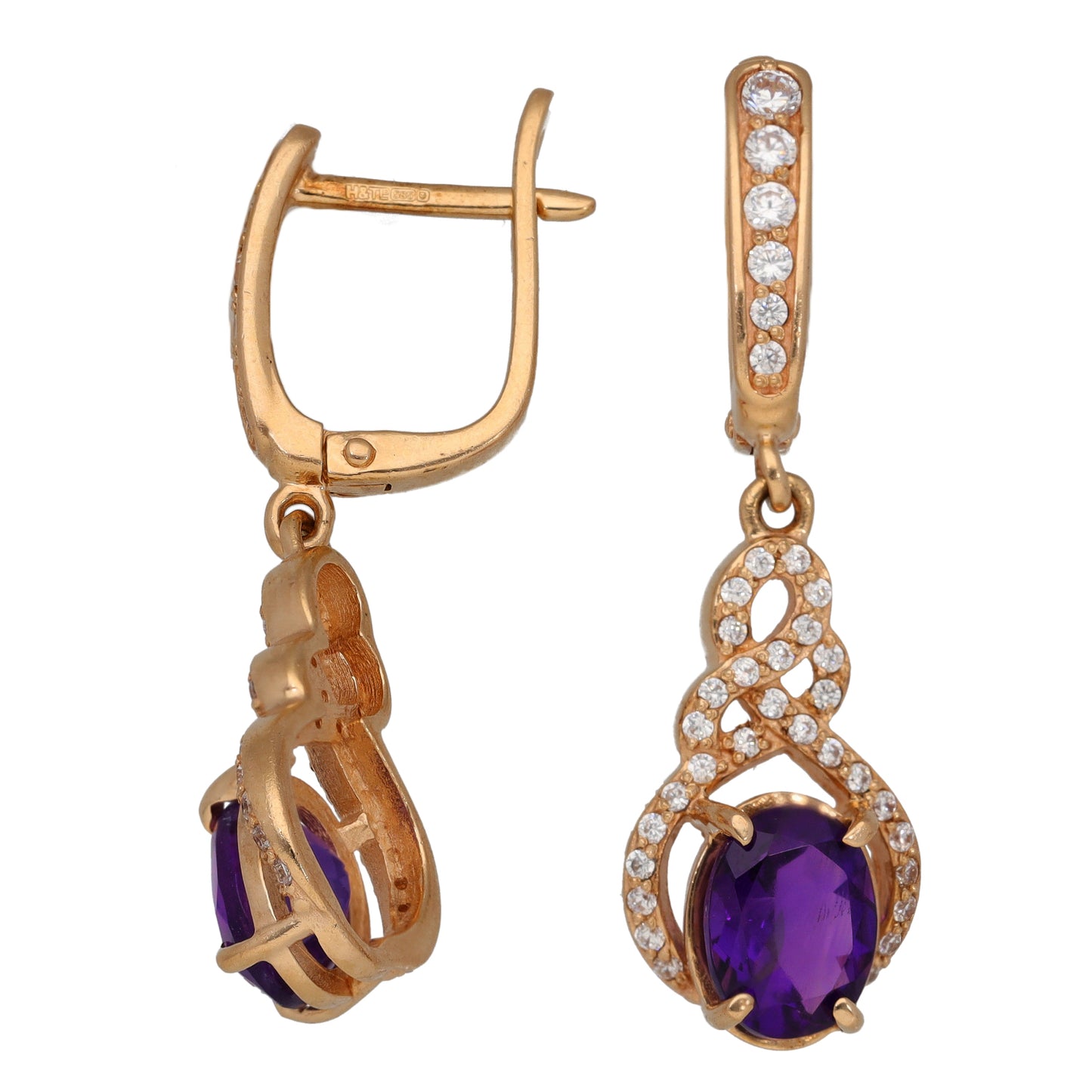 14ct Rose Gold Amethyst & Imitation Gems Drop Earrings