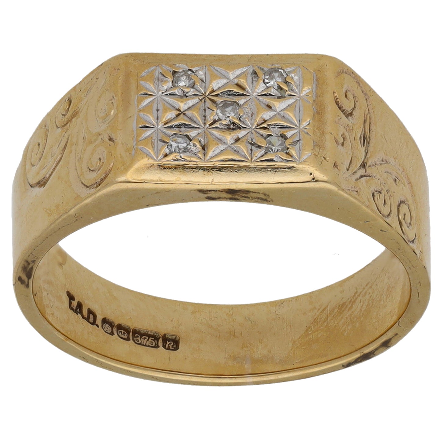 9ct Gold 0.025ct Diamond Patterned Signet Ring Size P