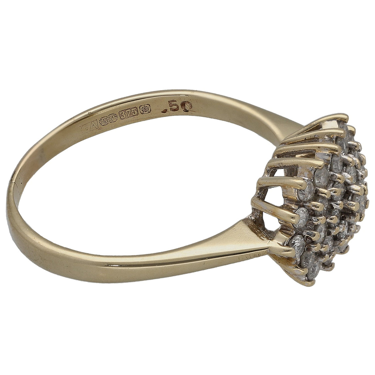 9ct gold diamond cluster ring, side view with prong-set round stones and band hallmark