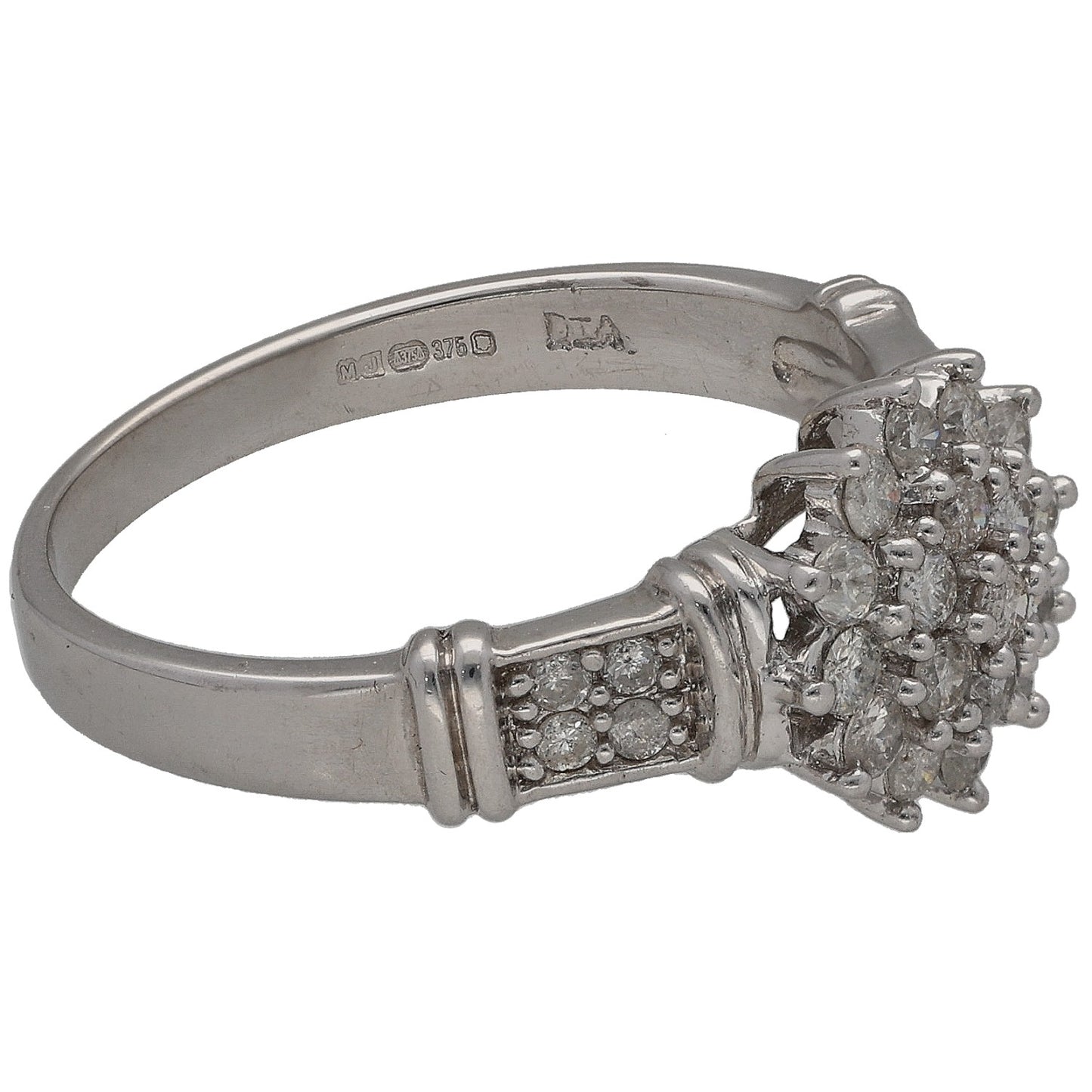 9ct white gold diamond cluster ring with pavΓ© shoulders