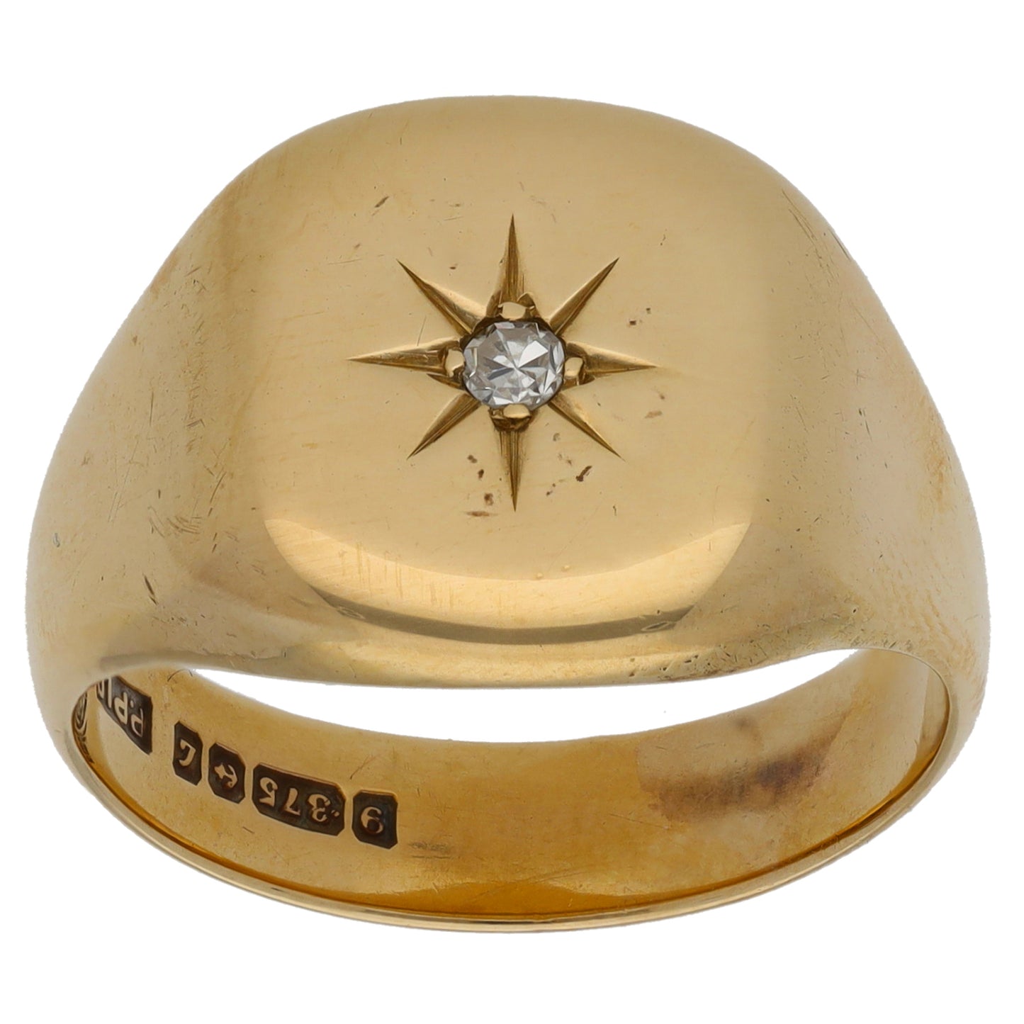 9ct Gold 0.05ct Diamond Plain Single Stone Signet Ring Size S