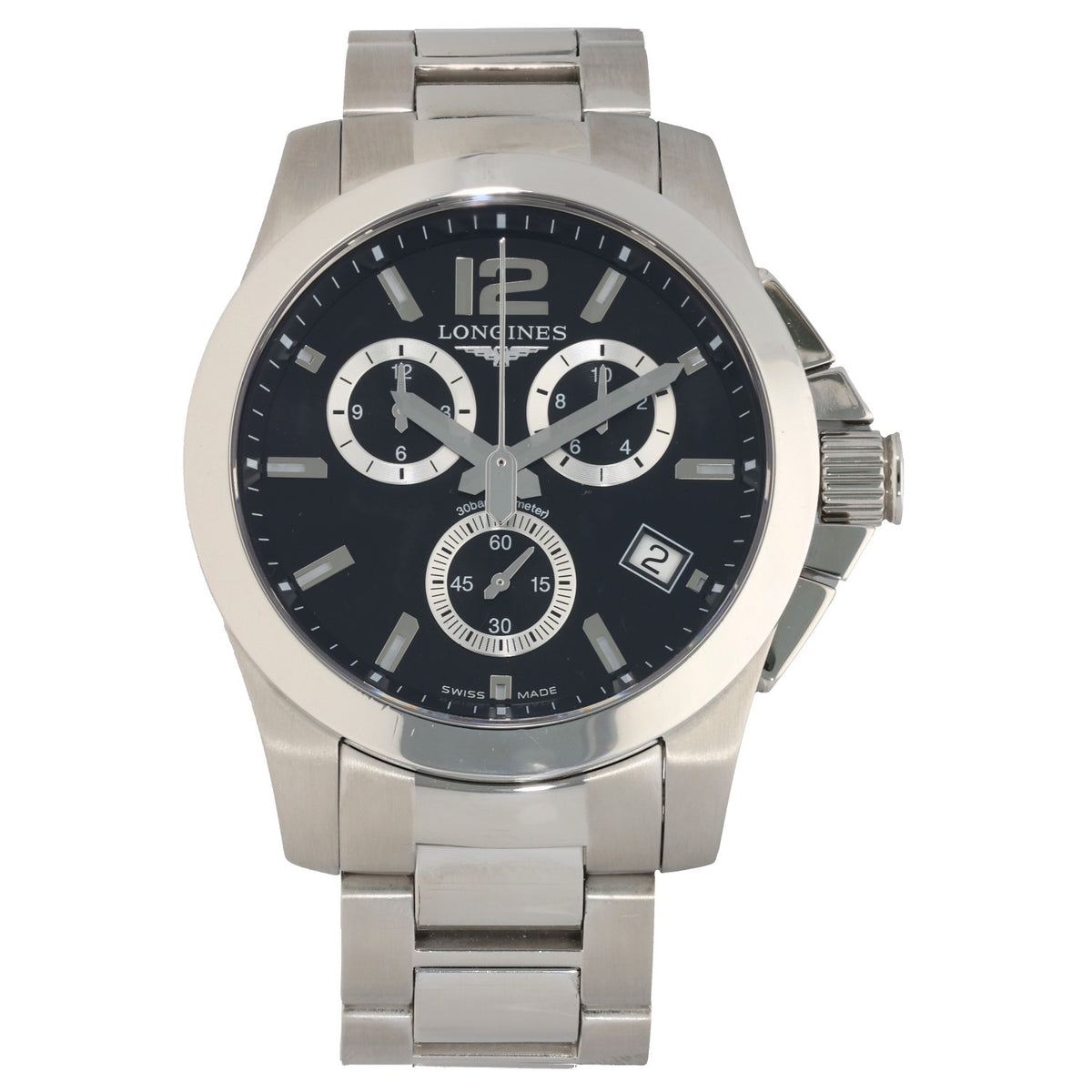 Longines Conquest L3.660.4, black dial watch with subdials in a 41mm stainless steel case