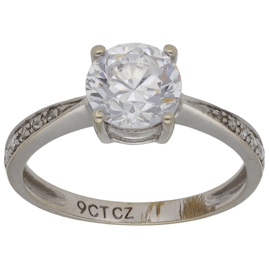 9ct White Gold Cubic Zirconia Single Stone Ring with Accent Stones Size M