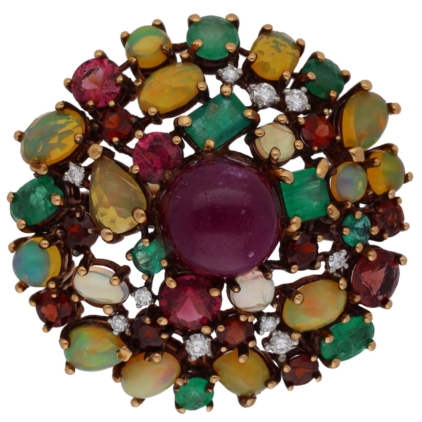 18ct Gold Ruby, Emerald, Opal, Tourmaline, Garnet & 0.24ct Diamond Cluster Ring Size L