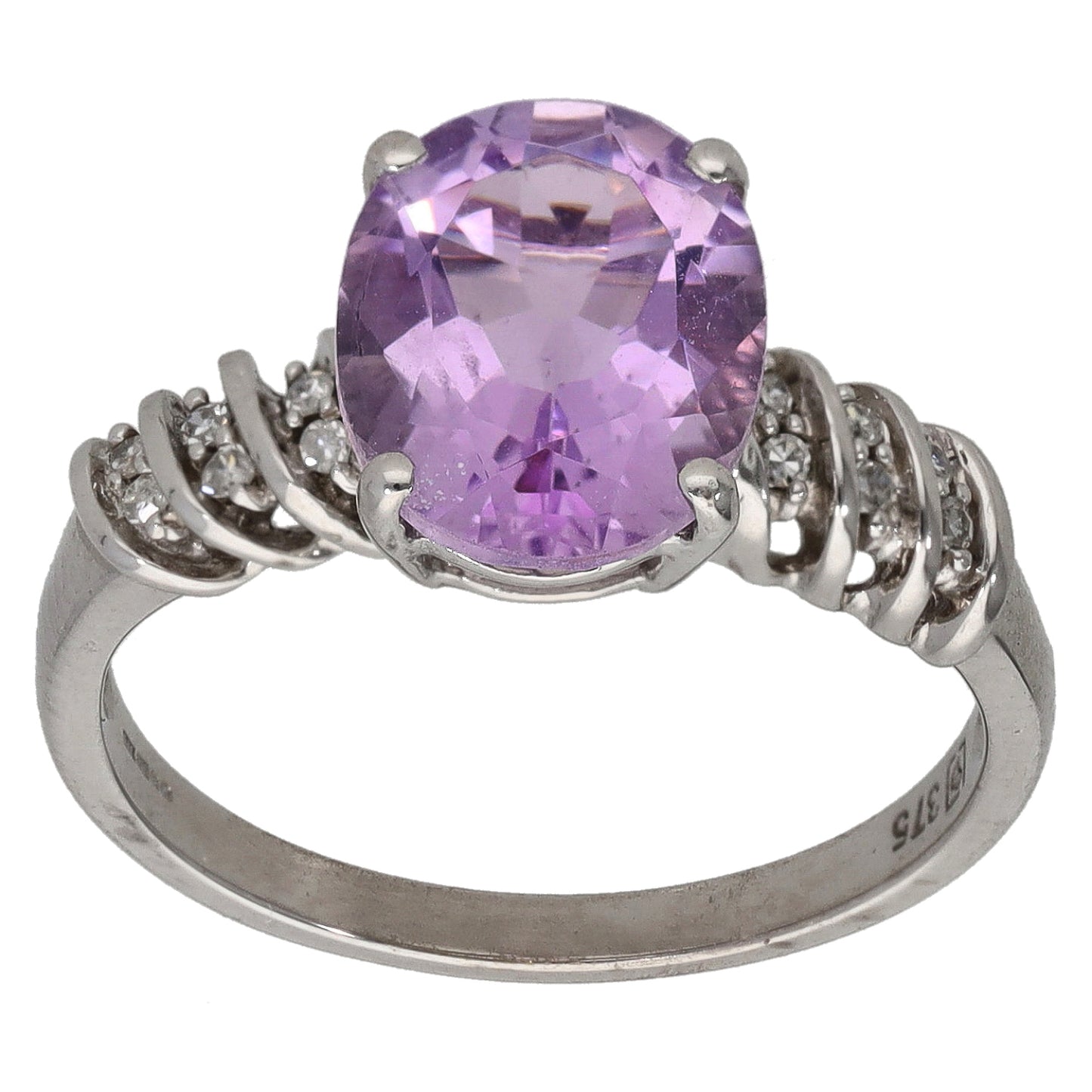 9ct White Gold Amethyst & 0.12ct Diamond Single Stone Ring With Accents Size M