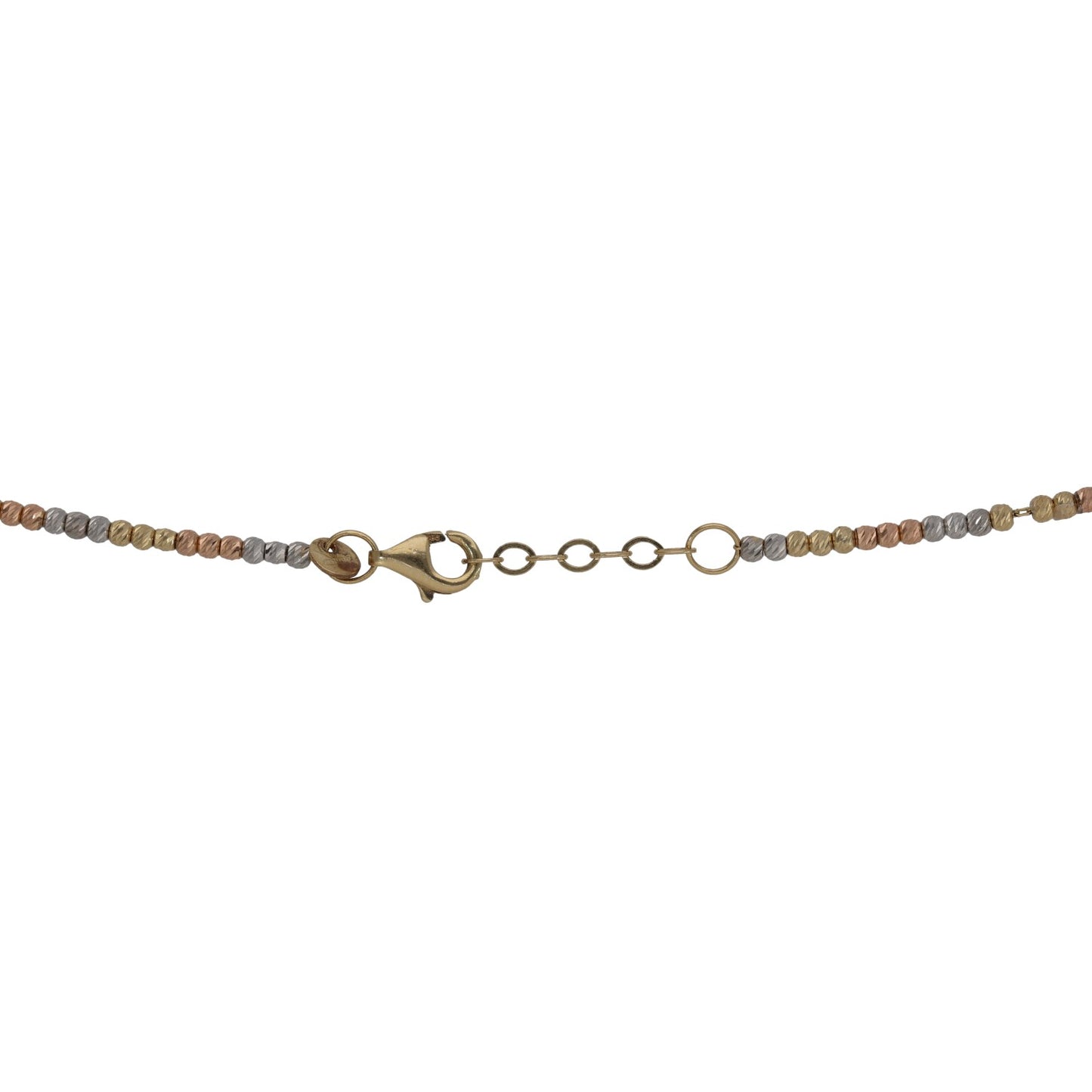 Tricolor gold beaded chain with clasp and extender rings, visible front detail