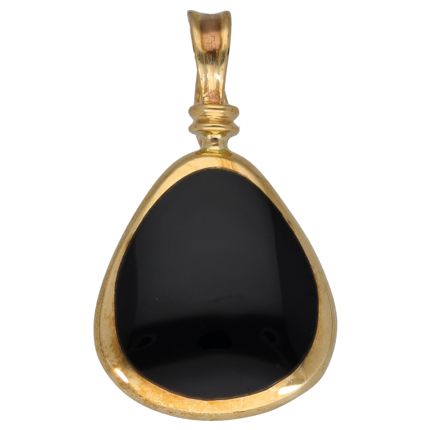 Gold teardrop pendant with black onyx center and ornate loop bail