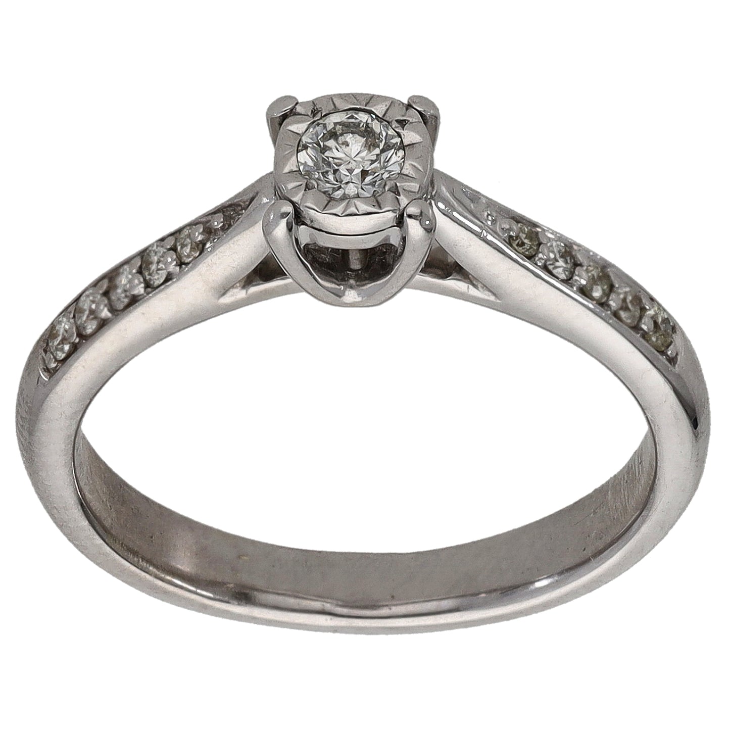 9ct White Gold 0.18ct Diamond Solitaire Ring With Accent Stones Size K