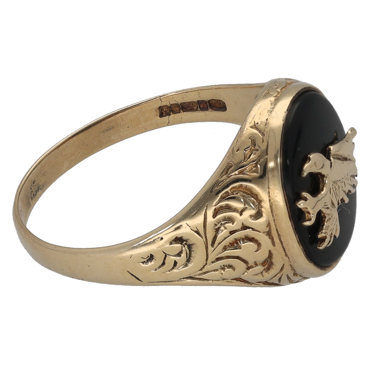 9ct Gold Onyx Crest/Emblem Single Stone Signet Ring Size Q