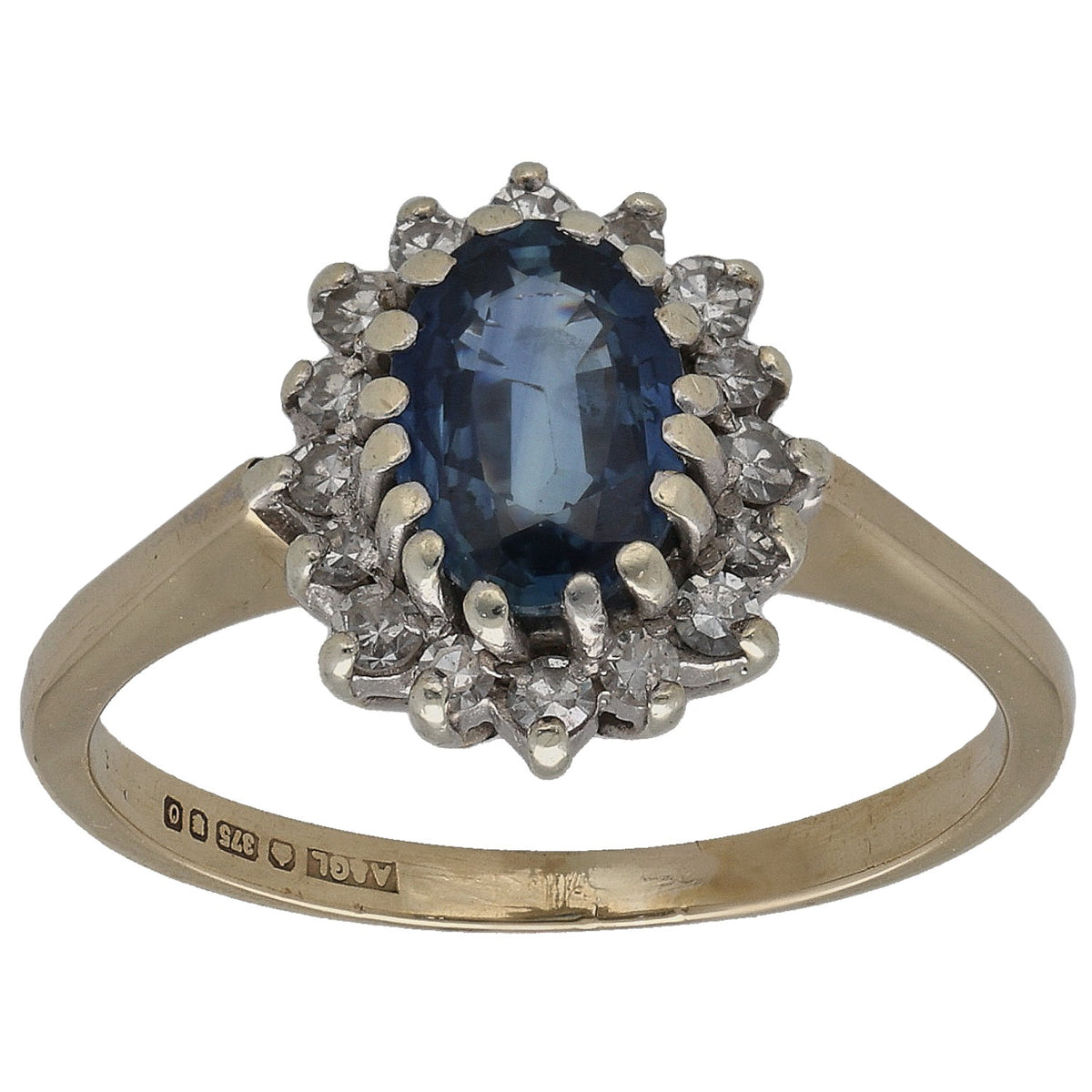 9ct gold ring with oval sapphire center and round diamond halo