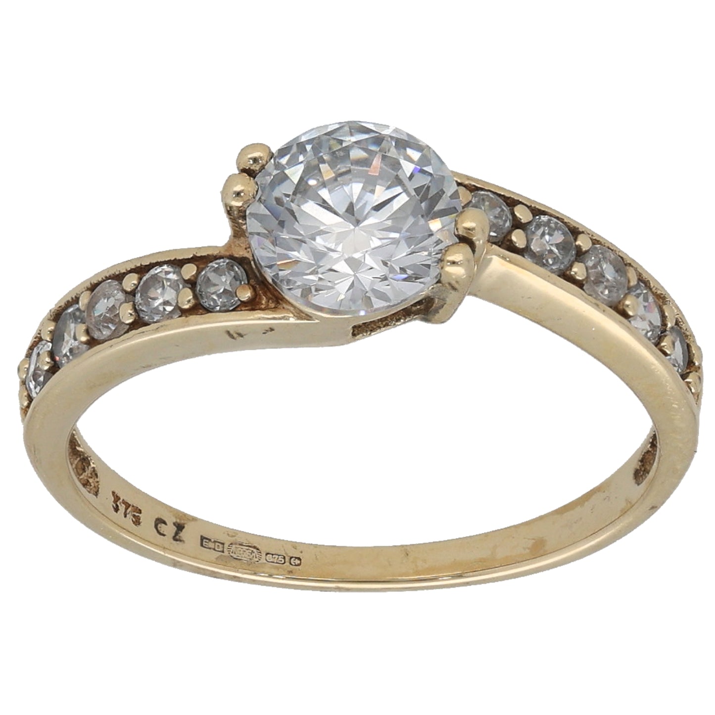 9ct Gold Cubic Zirconia Single Stone Ring with Accent Stones Size M