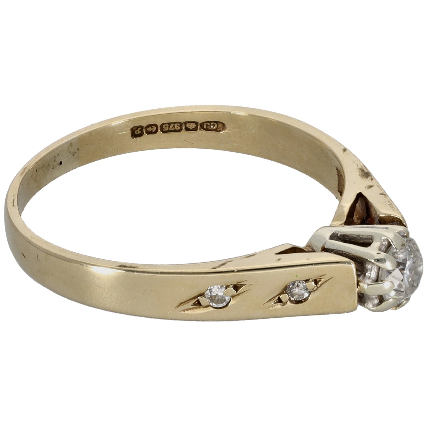 9ct Gold 0.19ct Diamond Solitaire Ring With Accent Stones Size L