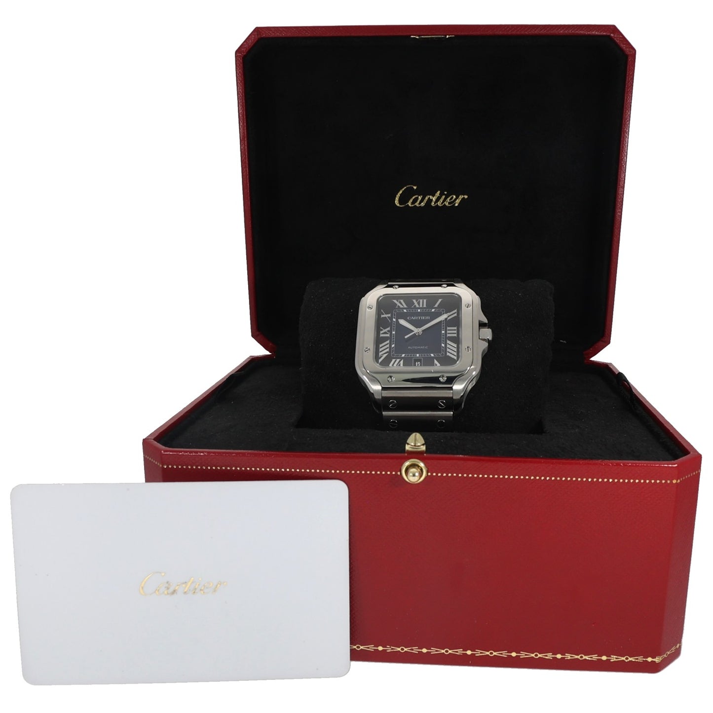 Cartier Santos WSSA0030 stainless steel watch displayed in red presentation box with card