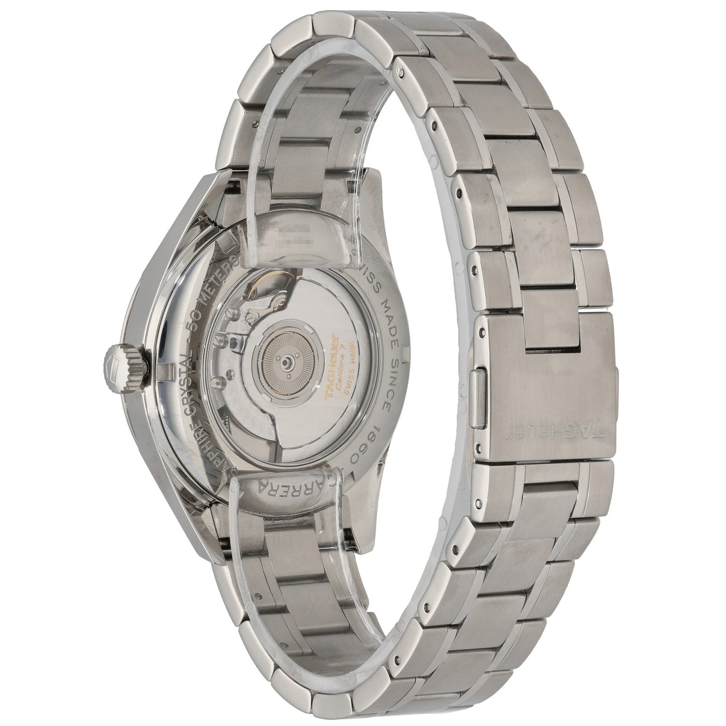 Stainless steel Tag Heuer Carrera WV2116-0 watch with transparent caseback and metal bracelet