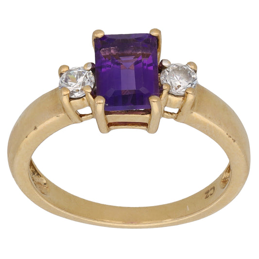 9ct Gold Amethyst & Cubic Zirconia Trilogy Ring Size L