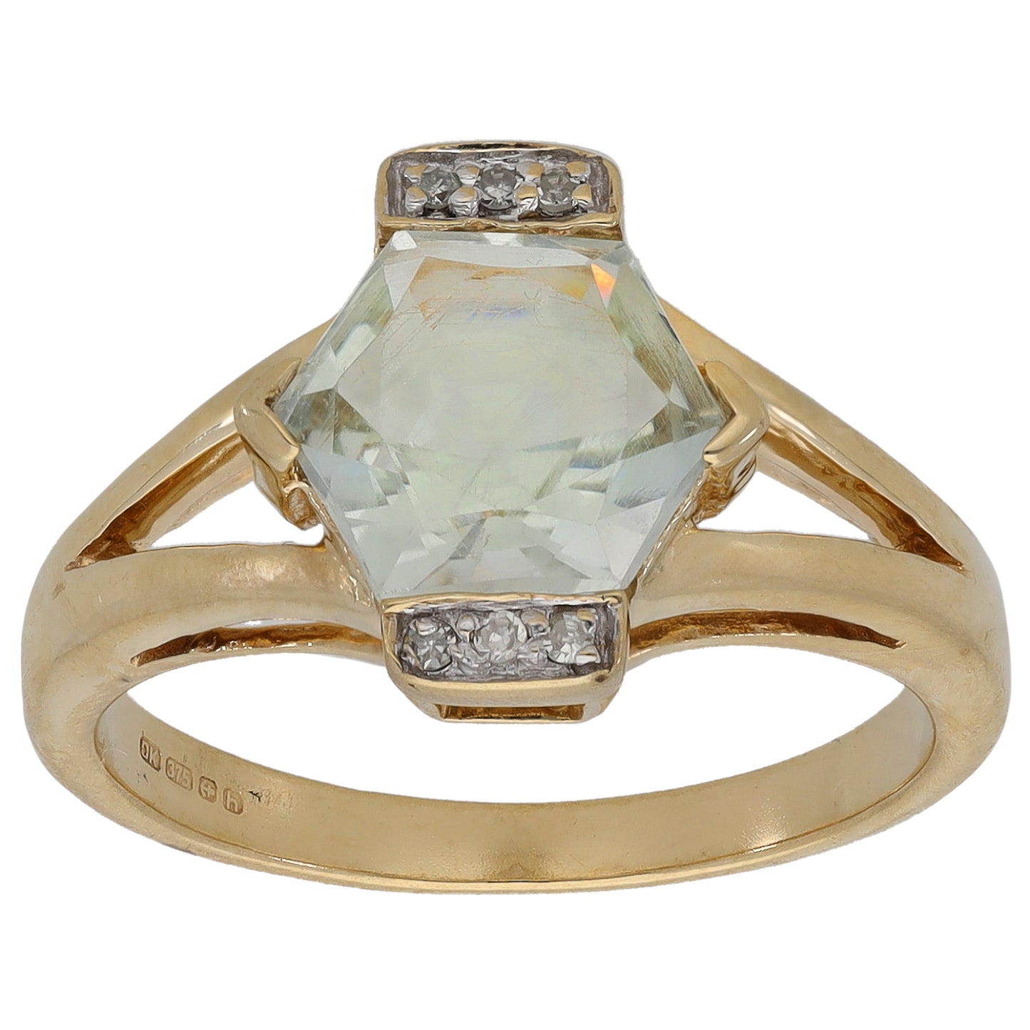9ct Gold Green Quartz & 0.06ct Diamond Dress/Cocktail Size N
