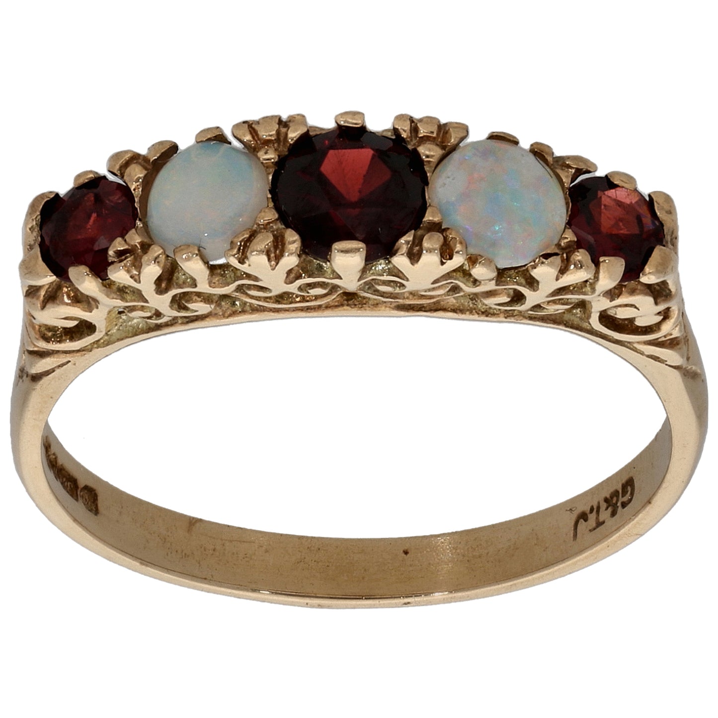 9ct Gold Garnet & Opal Half Eternity Ring Size O