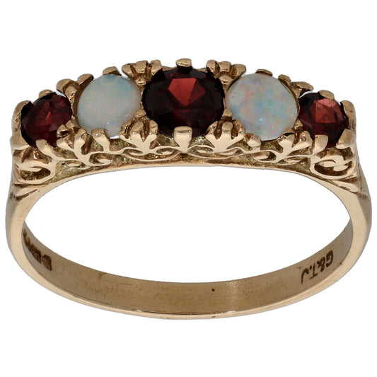 9ct Gold Garnet & Opal Half Eternity Ring Size O